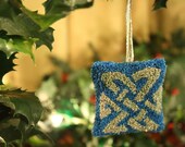 Silver and Blue Celtic Knot Punch Needle Christmas Ornament Stuffed with Maine Balsam Fir and Eucalyptus