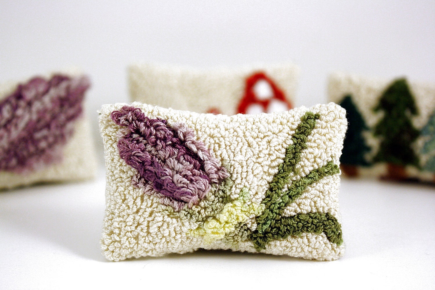 Miniature Sachet - Lavender and Lemon Grass. Punch Needle Embroidery. Purple, Green, Ecru, Cream. Cottage Decor by HarpandThistle - HarpandThistle