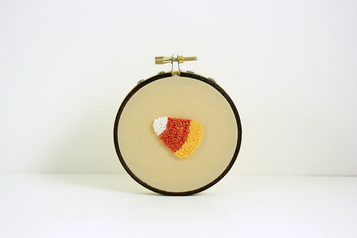 Halloween Decor.  Harvest Home Decor. Candy Corn Punch Needle Embroidery Hoop Art. Orange, Yellow, White, Ecru, Khaki. Autumn, Fall