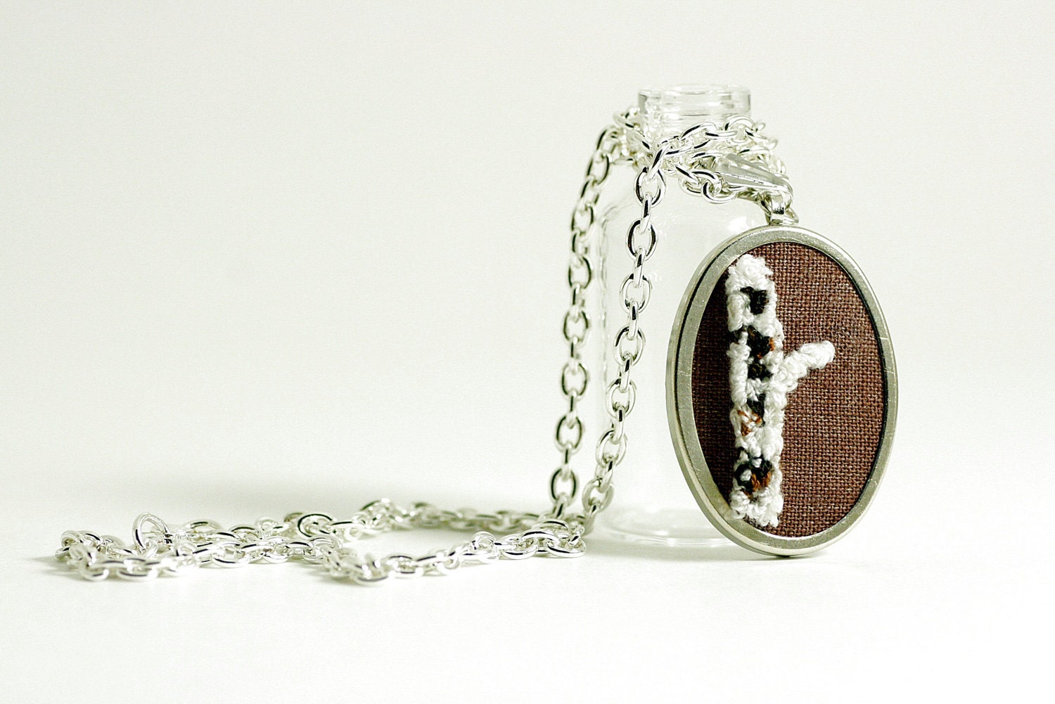 Birch Tree Silver Necklace. Punchneedle Embroidery. Brown, Cream, Earth Tones. Woodland Theme Under 40.