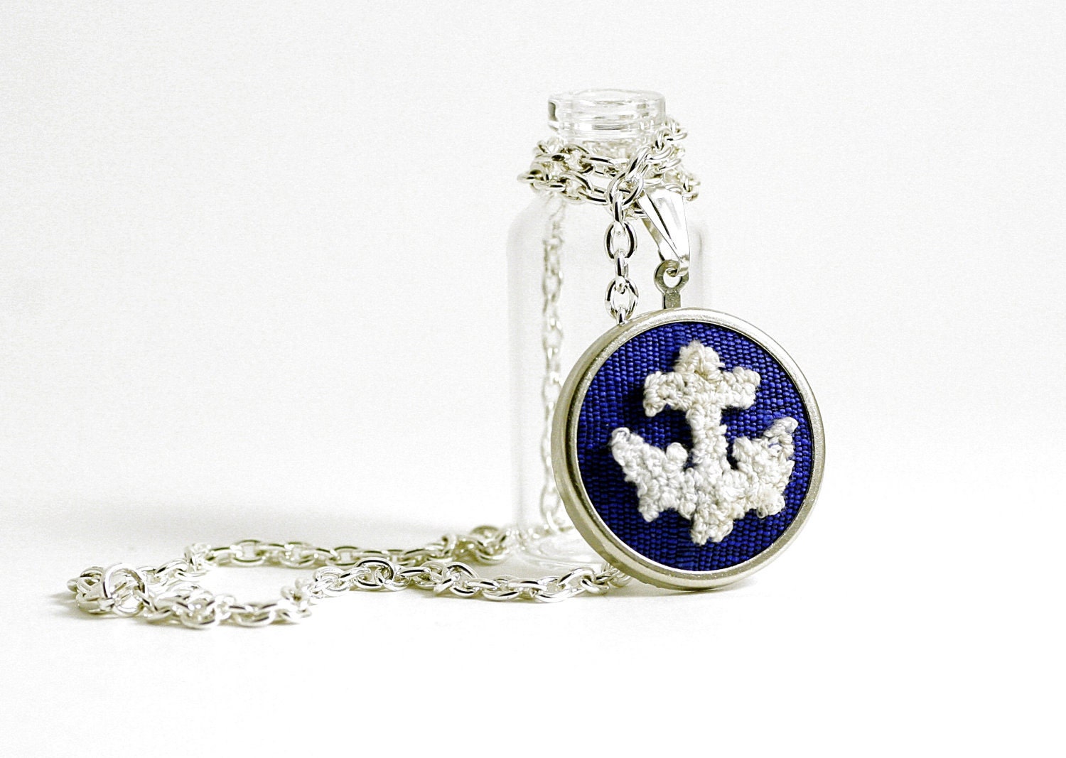 Anchor Jewelry - Necklace in Silver. Ocean, Nautical Jewelry. Punch Needle on Cobalt Blue Silk. Sea Fashion, Mermaid, Beach Wear.