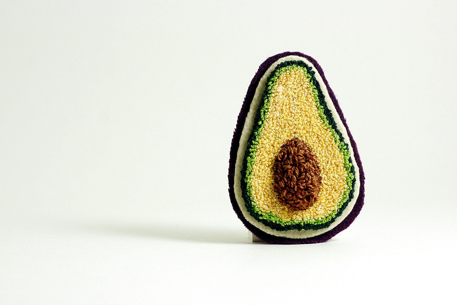 Avocado Pin. Punchneedle Embroidery. Green, Purple, Brown. Large. Quirky Fun Fashion for Her.