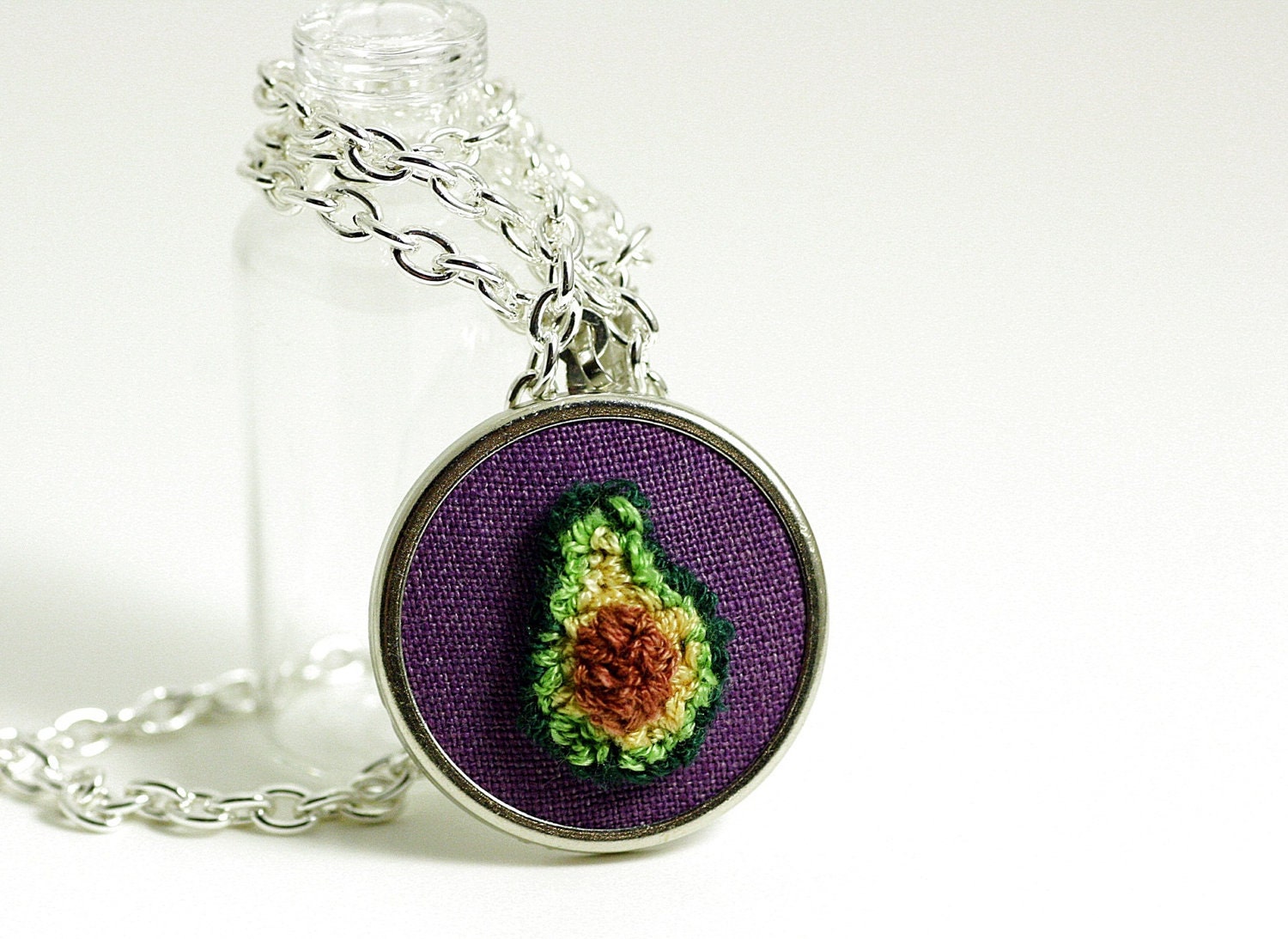 Tiny Avocado Silver Necklace. Punchneedle Embroidery. Green, Purple, Brown. Quirky Foodie Jewelry. Embroidered Necklace by Harp and Thistle