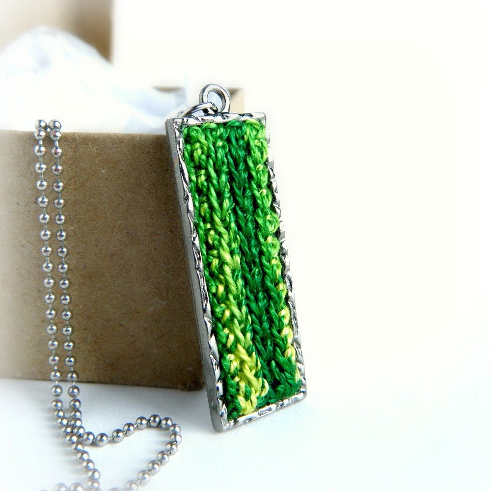 Lucky Green and yellow Rectangle Pendant. Handmade crocheted cotton lace pendant necklace