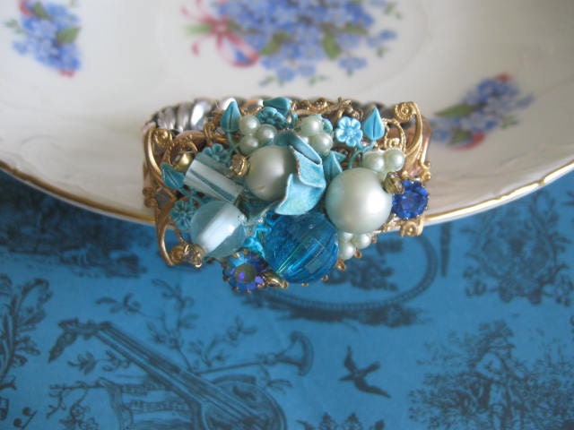 Bonnie Blue Bracelet. vintage assemblage old ooak flower jewelry bracelet