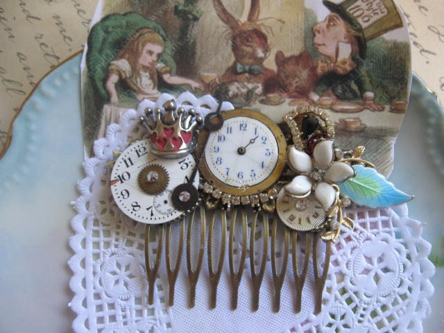 Mad Hatter Tea Party .vintage assemblage fairytale rhinestone bridal hair comb