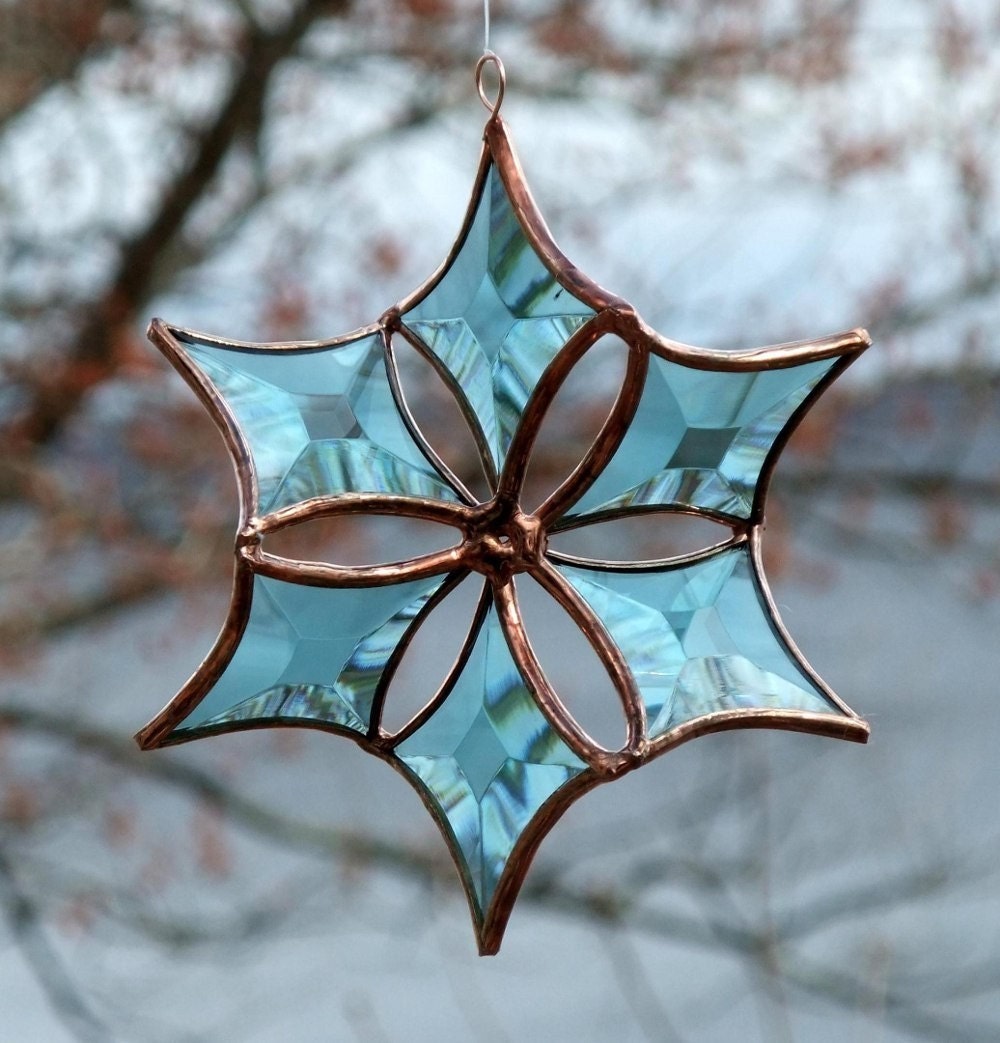 3D Turquoise Copper Beveled Glass Flower Snowflake Indoor Outdoor Home Decor Garden Art