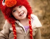 Fuzzy earflap Hat crochet pattern fashioned after Elmo, newborn to adult size