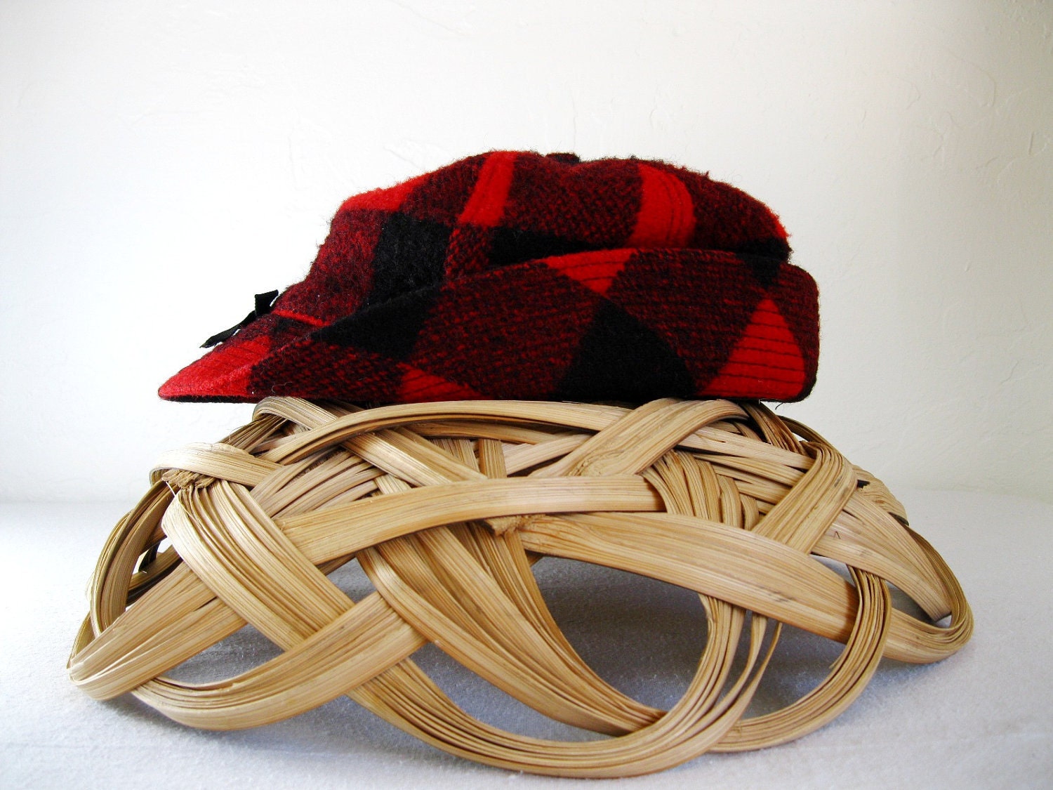 1950s Wool Buffalo Plaid Woodsman Hat Red and Black Woodland Rustic