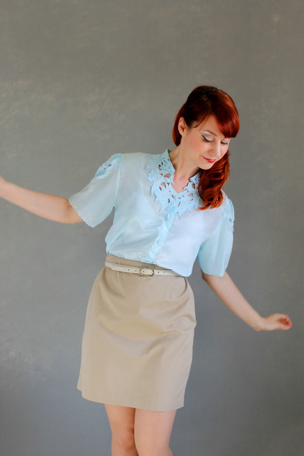 Pastel Blue Blouse. Floral Fashion. Lace Cutwork. Office Fashion. Summer Fashion. Size Medium