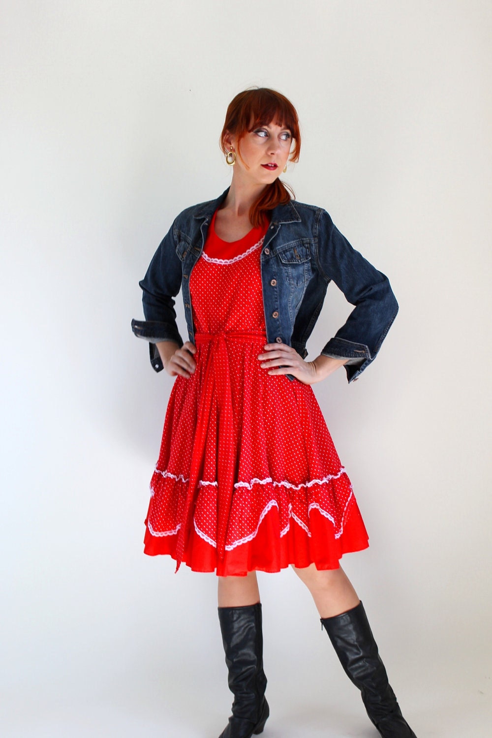 Sale - Vintage 1960s Polka Dot Red Dress. Boho. Day Dress. Fall Fashion. Spring Fashion. Size Medium