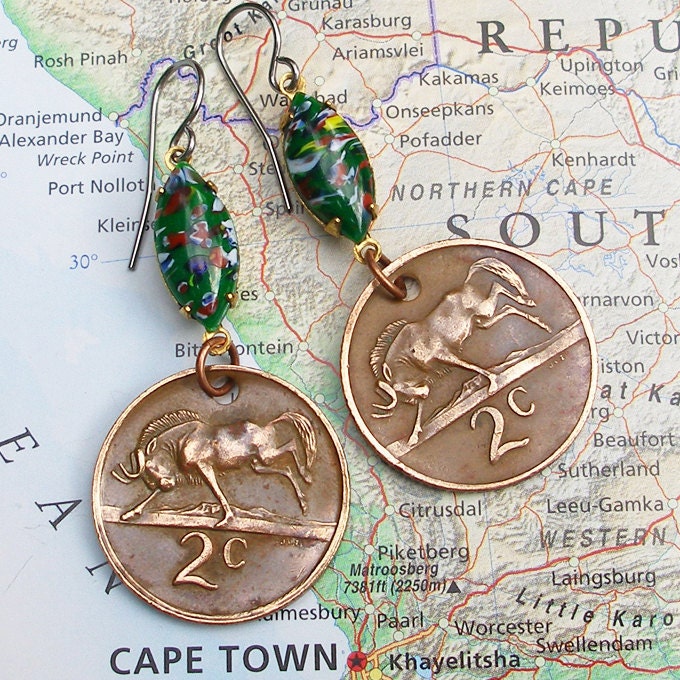 South Africa, Vintage Coin Earrings - - Who Gnu - - Wildebeest - Wildlife - African Safari - World Traveller - WorldTreasure