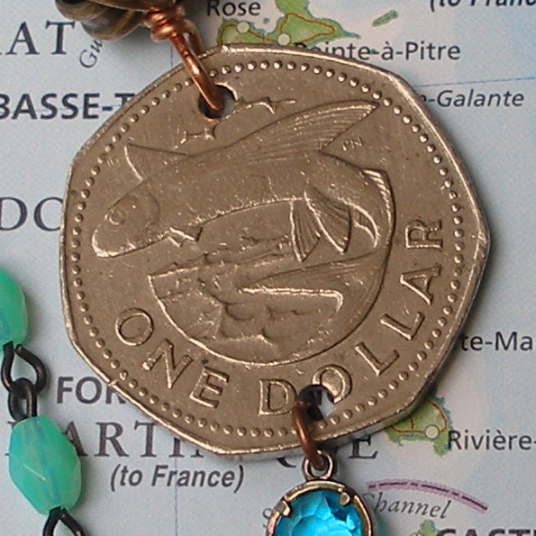 Barbados, Vintage Coin Necklace - - Fresh Seafood - - flying fish sandwich - island - Caribbean - Ocean