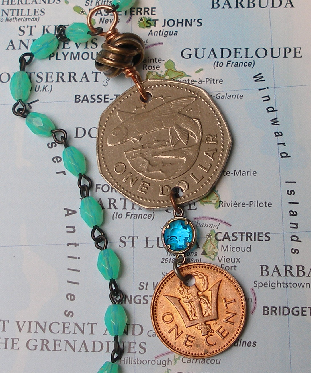 Barbados, Vintage Coin Necklace - - Fresh Seafood - - flying fish sandwich - island - Caribbean - Ocean