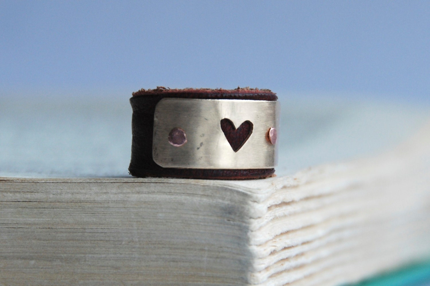 Heart Ring Leather And Brass Hand pierced Heart With Copper Rivets Made To Order