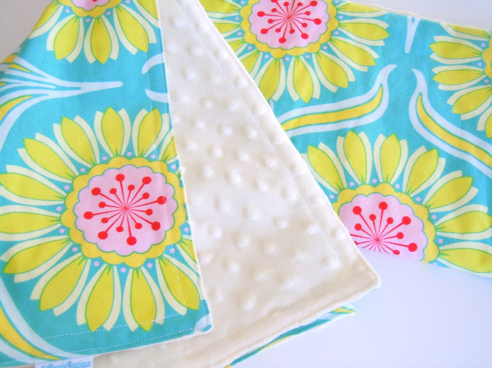 20% off - Minky Baby Blanket - Aqua Modern Flowers - light yellow dot minky