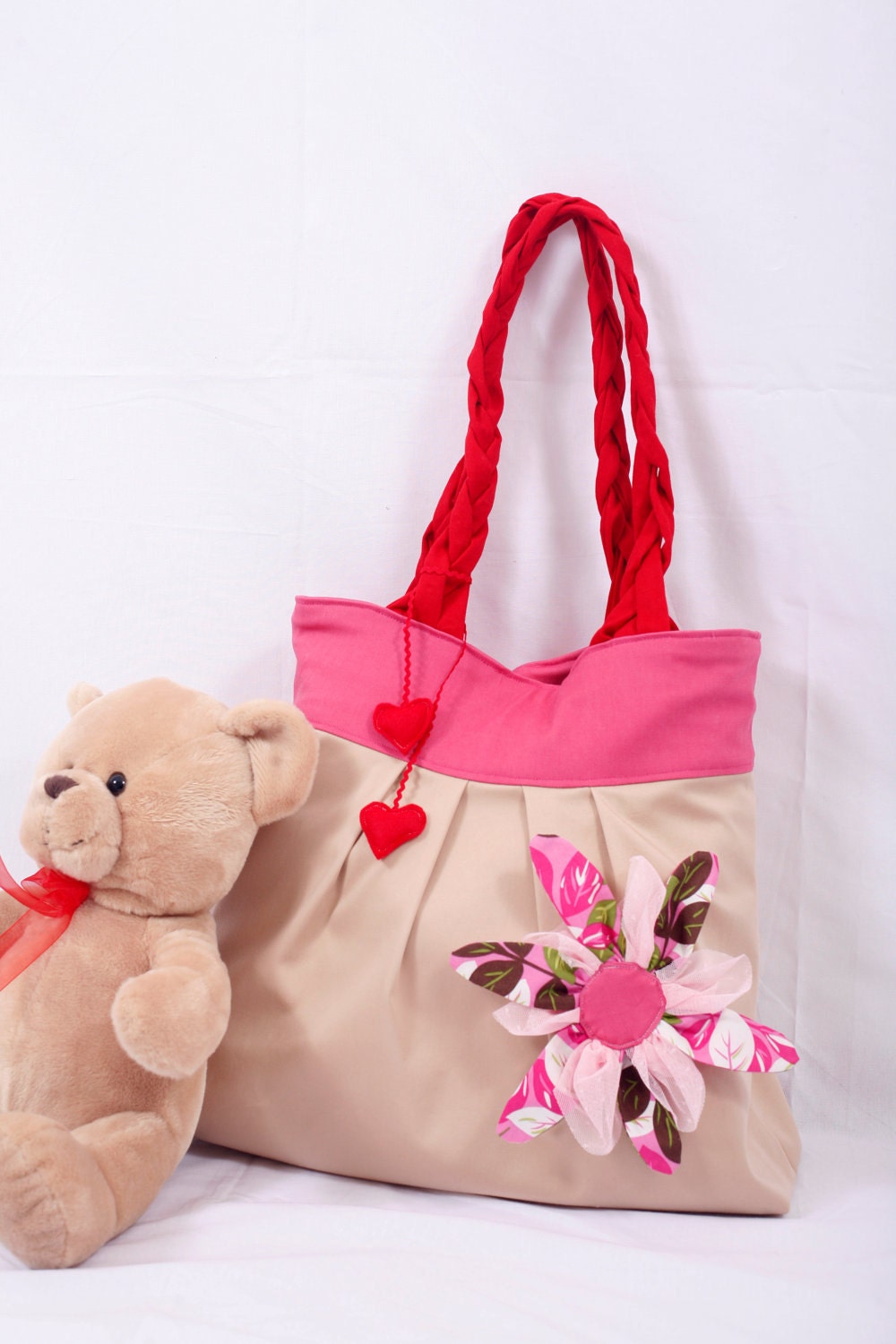 Chic bag red, pink and beige, handmade bag, flower purse, shoulder bag, handbag