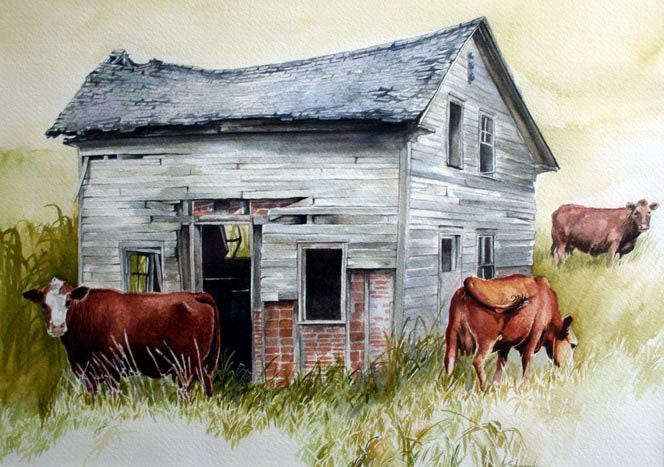 Cows Watercolor Old Building Barn - Brickhouse Cows - Original Watercolour