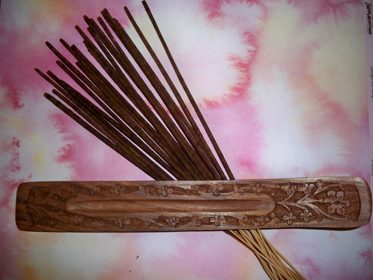 20 Hand Dipped Lavender Incense Sticks and Carved Wood Holder