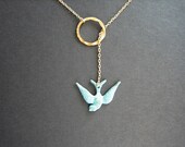 Teal blue bird with open circle necklace, lariat bird necklace - simple everyday wear, bird jewelry, eternity circle