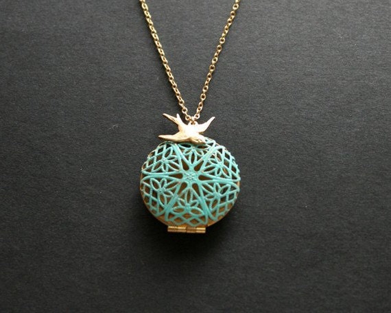 Bird locket necklace - Teal green blue patina locket, brass sparrow bird, gold necklace, bird necklace, cute everyday wear