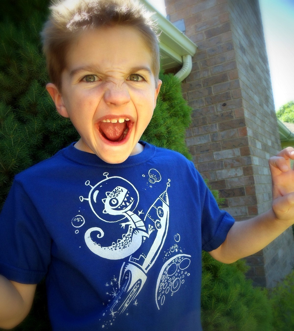 Space Dinosaur on a Rocket T-Shirt, Blue Tee Screen Printed with Silver Ink, sized 10-12 Youth