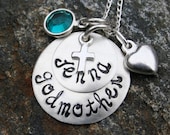 Godmother Necklace/Godchild Necklace - in Sterling Silver - hand stamped with birthstone and heart