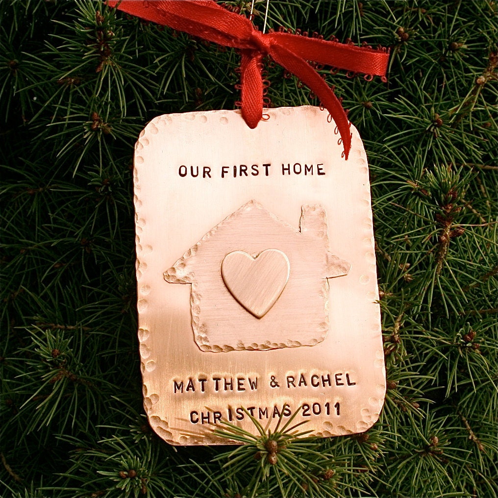 Our New Home Hand Forged/Hand Stamped Copper Christmas Ornament with house and heart
