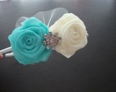 Ivory Tiffany-Blue Rose Headband Hair Comb Clip Bobby Pin Garter Gown Bride Bridal Silk Bud Wedding Flower Floral Rhinestone Turquoise Blue