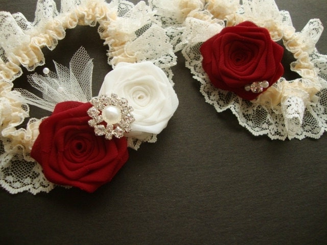 Apple Red Ivory Rose Lace Garter SET Something Blue Bride Bridal Silk Wedding Flower Milk Cream Pearl Jewel Wine Burgundy Magenta Ruby