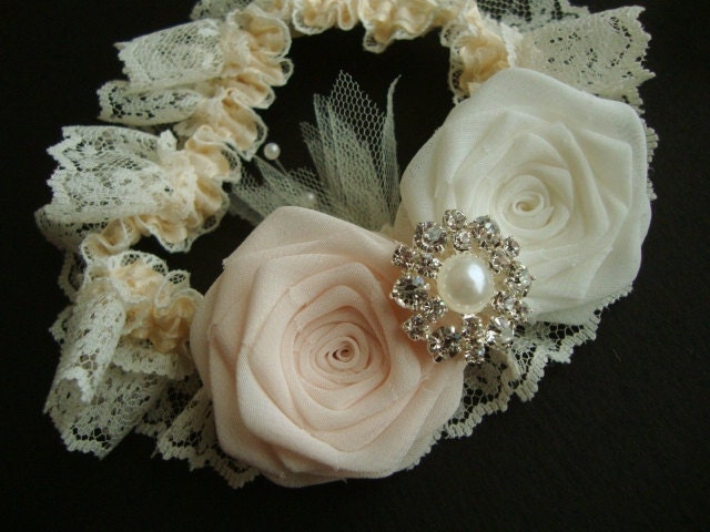 Pink Ivory Rose Lace Garter Something Blue Bride Bridal Silk Rosebud Wedding Flower Rhinestone Jewel Pearl Cream Blush Baby Light Milk Royal