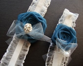 Teal Rose Ivory Garter SET Something Blue Bride Bridal Silk Bud Wedding Flower Cream Pearl Milk Peacock Azure Sky Periwinkle Mint Royal