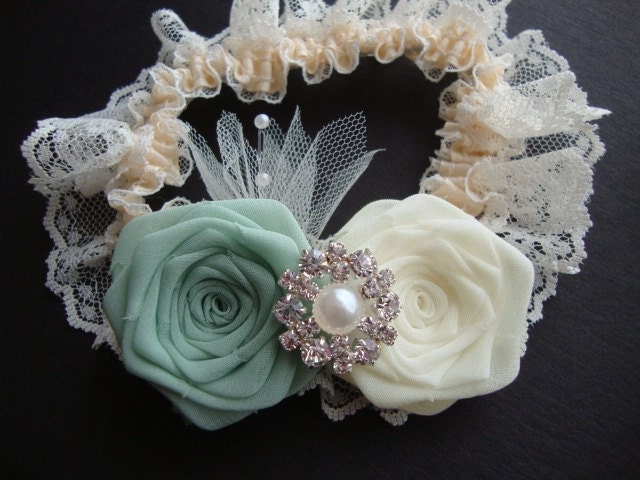 Sage Ivory Rose Lace Garter Something Blue Bride Bridal Silk Rosebud Wedding Flower Rhinestone Jewel Pearl Cream Green Woodland Mint Royal