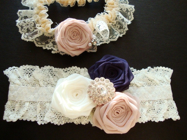 Borrowed Old New Blue Garter SET Eggplant Pink Ivory Rose Something Cream Cherry Blossom Cherry Blossom Purple Dusty Bridal Bride Wedding