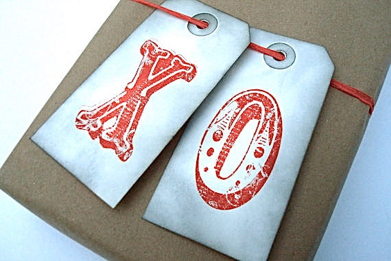 Gift Tags - Hand Printed Distressed - Valentine's Day - Red Circus Alphabet - XOXO - 4 Pair (8 Total)