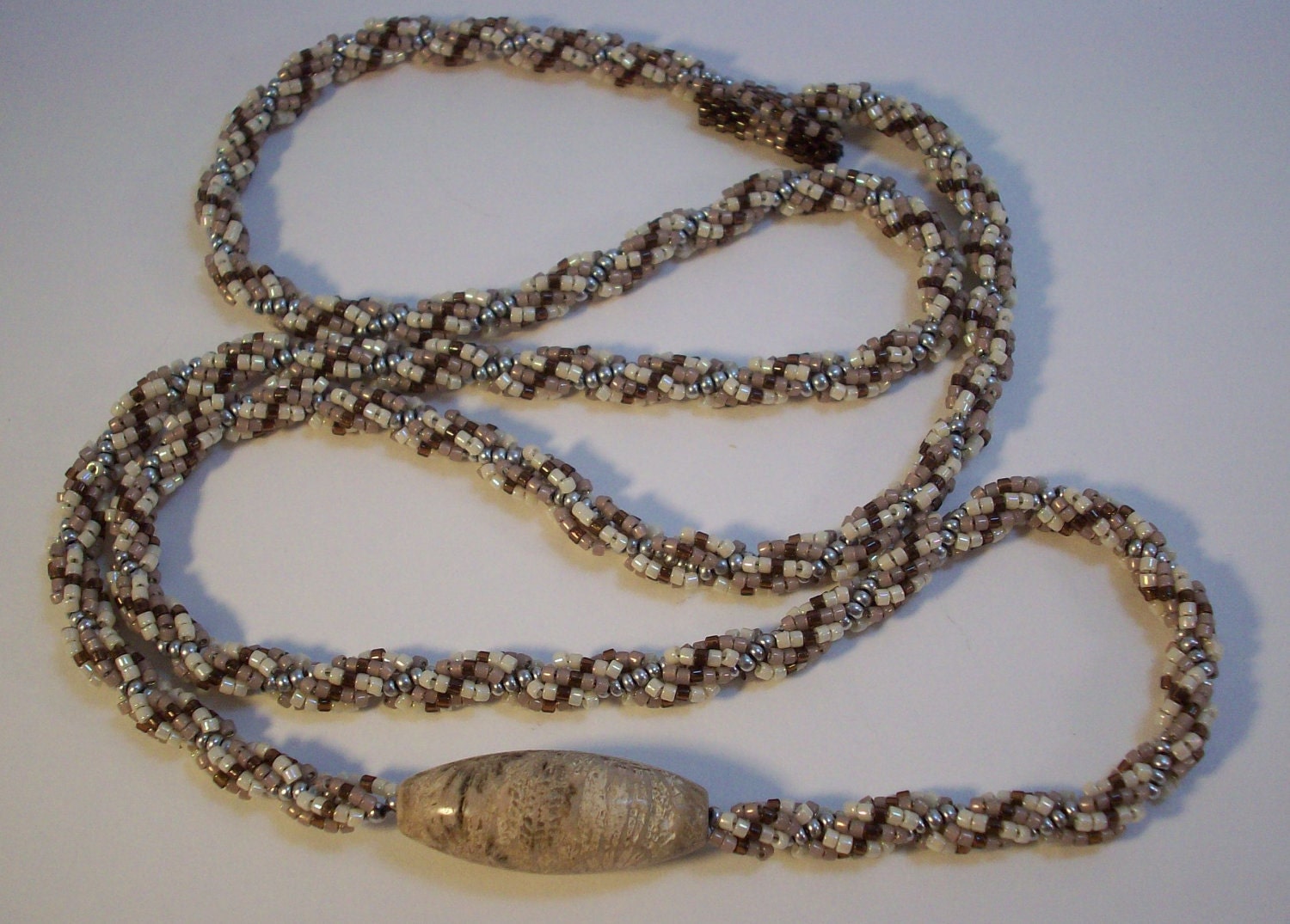 Cappucino Tweed Coral Fossil Bead Spiral Rope Beadwoven Necklace