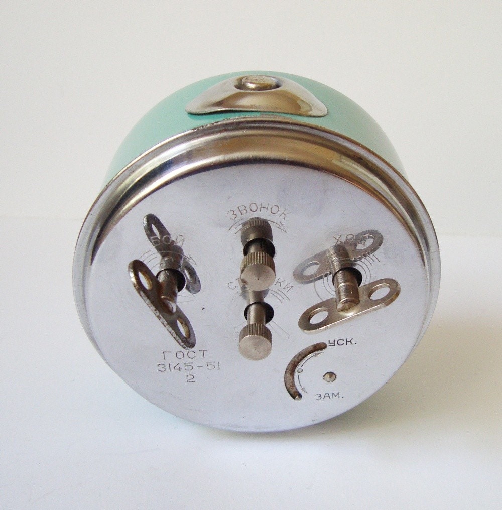 Vintage mechanical alarm clock Sevani from Armenia Soviet Union USSR turquoise color