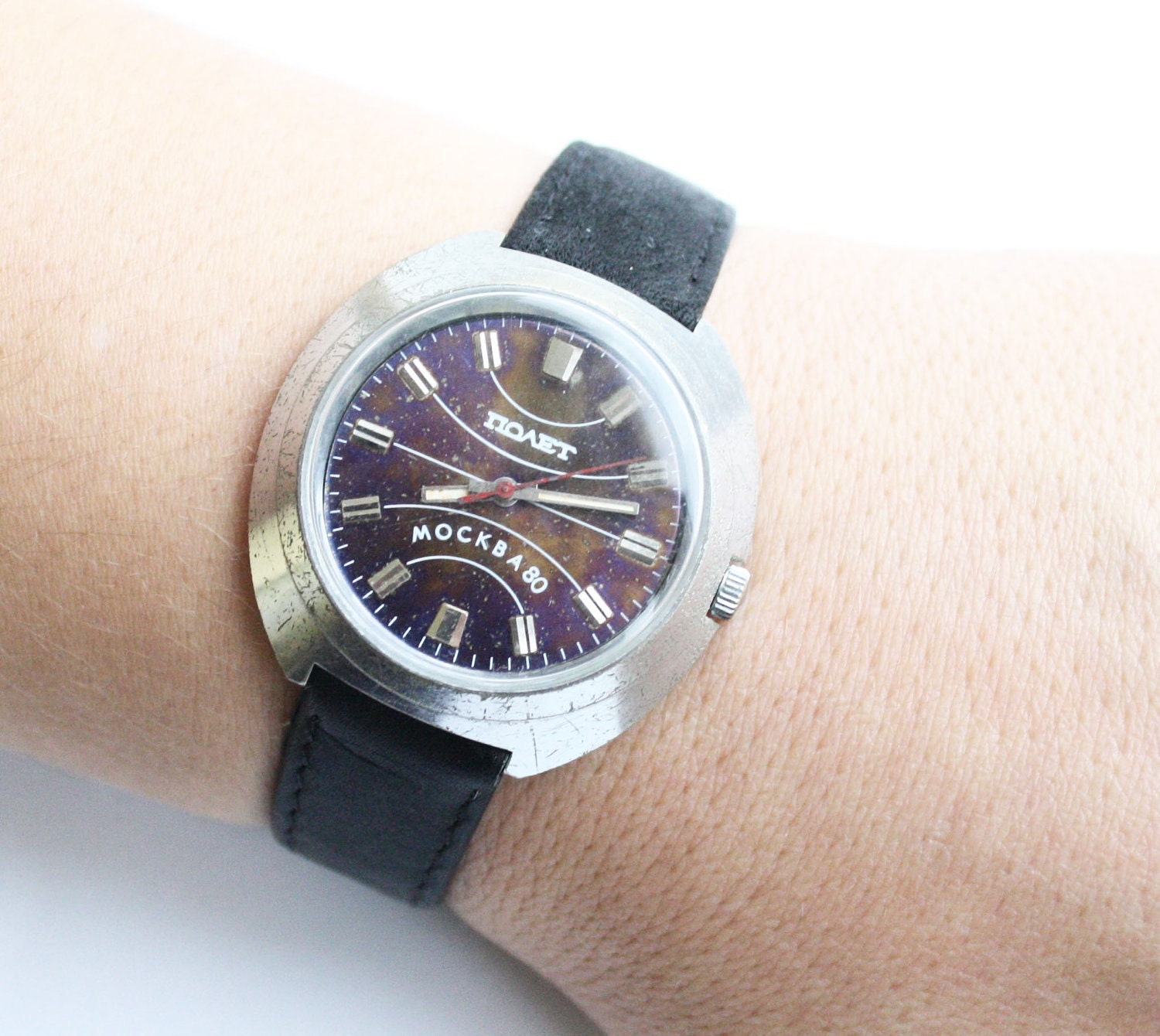 Vintage Soviet Russia watch Poljot purple color watch, mens wrist watch from Olympic games 1980 Moscow