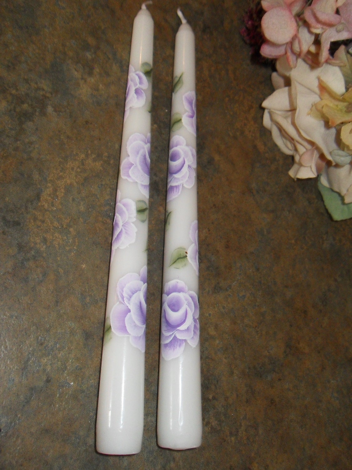 Cottage Chic Hand Painted Lavender Rose Tapered Candles