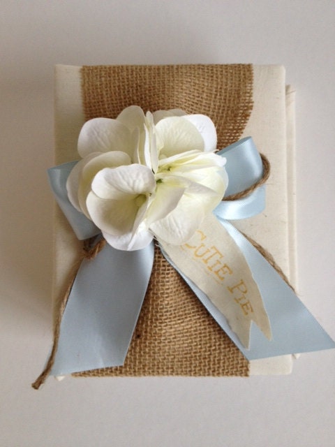 Rustic Baby Photo Album with Burlap -  Premium White Hydrangeas - Burlap - Blue Ribbon Bow - Hand Stamped Banner - Free Shipping