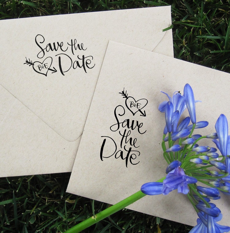 Calligraphy Save the Date with Initials Stamp Wood-Mounted