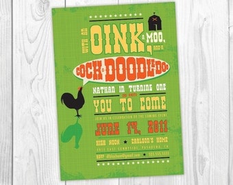 First birthday Invitation, Farmland Rooster Cock-A-Doodle-Doo card