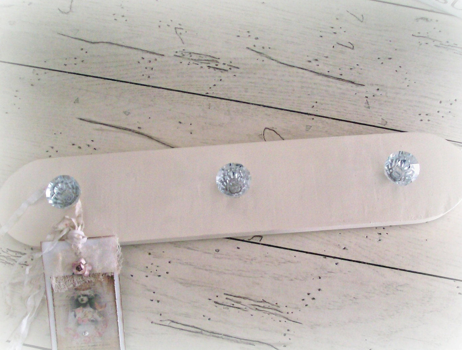 Wood Wall Rack Clear Knobs Wooden Jewelry,  Coat Hook, or Keys Wall Hook Reclaimed French Farmhouse