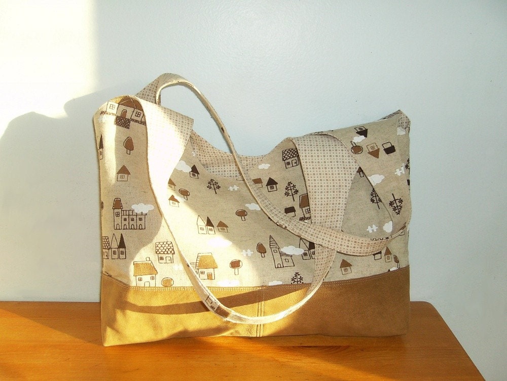 Little Houses Linen and Suede Slouch Tote
