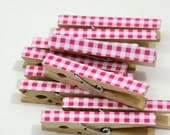 Clothespins.  Set of Ten.Gingham. Hot Pink.