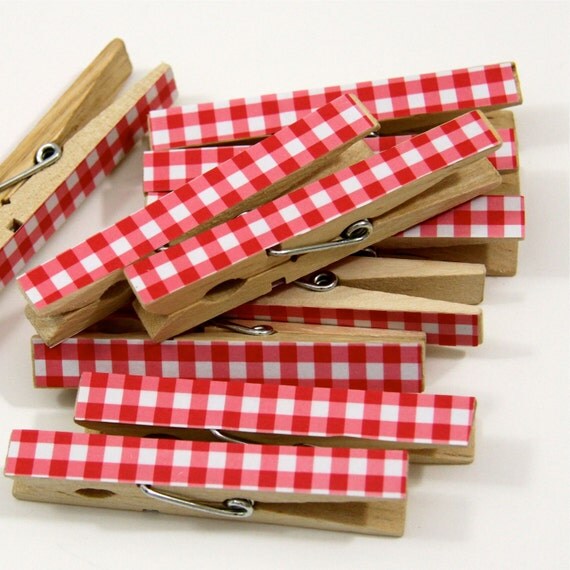 Clothespins.  Set of Ten.  Red Gingham