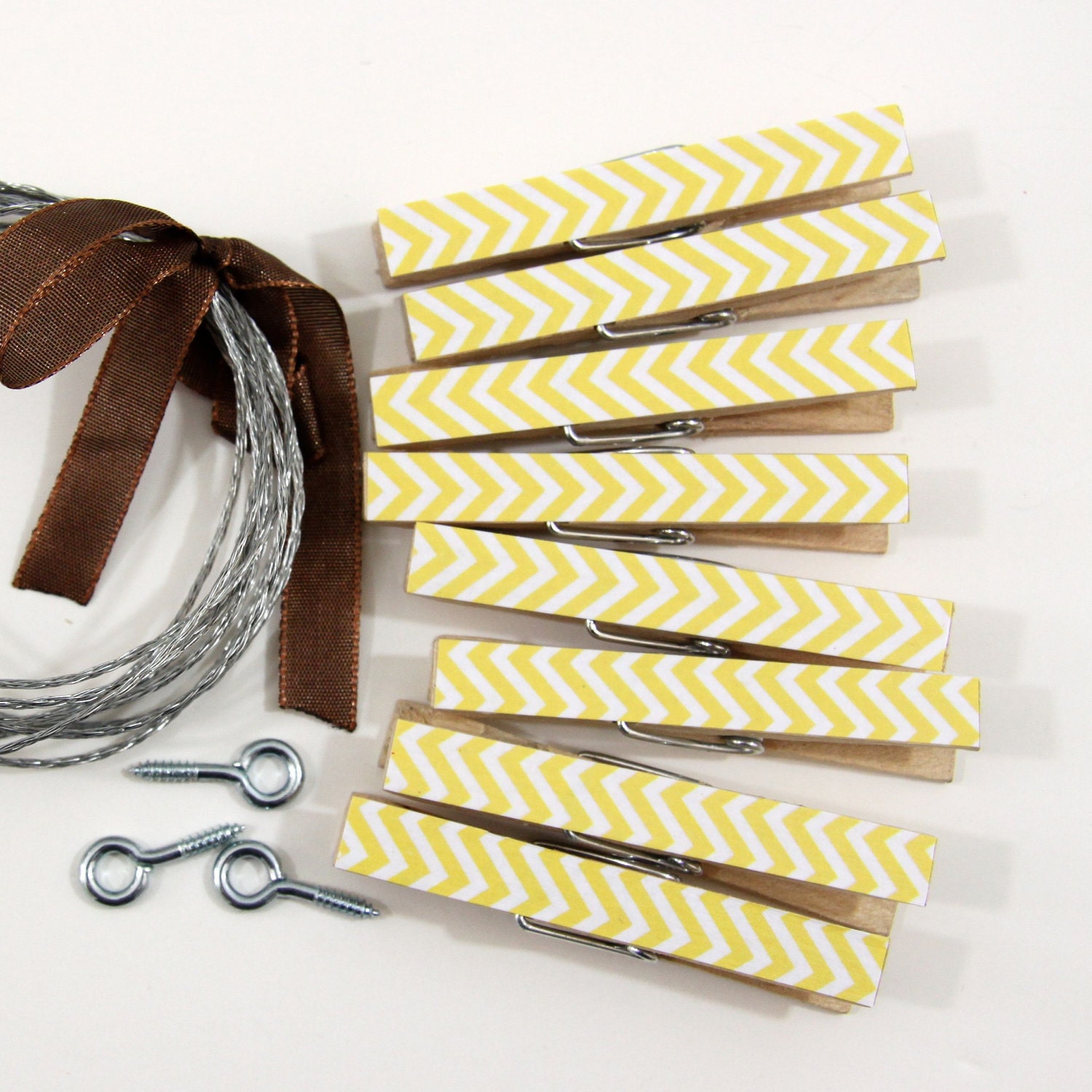 Clothesline Kit. Yellow Chevron Clothespins and Hanging Wire