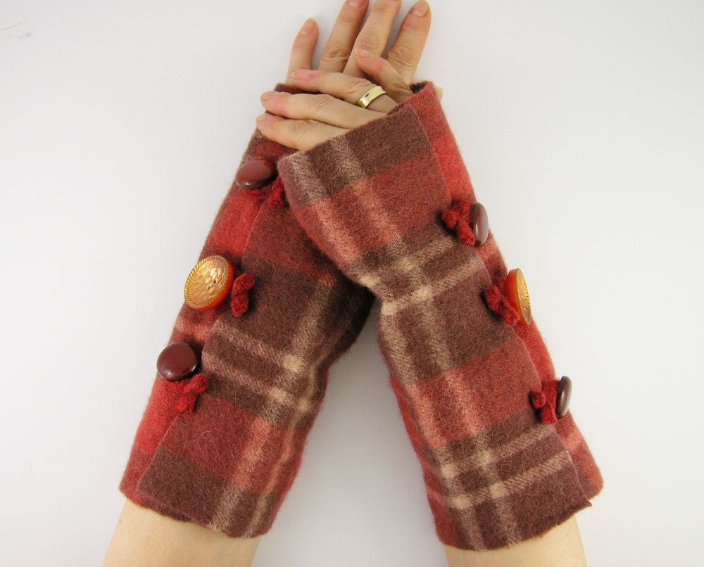 felted fingerless gloves wrists warmers eco friendly arm warmers fingerless mittens arm cuffs rusty orange brown plaid recycled wool - piabarile