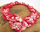 bib necklace crocheted pink honeysuckle red with pearls art necklace fiber art unique tagt team curationnation