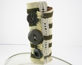 arm cuff  ecru nougat coffee chocolate brown repurposed cotton ribbon buttons woodland steampunk boho rustic tagt team